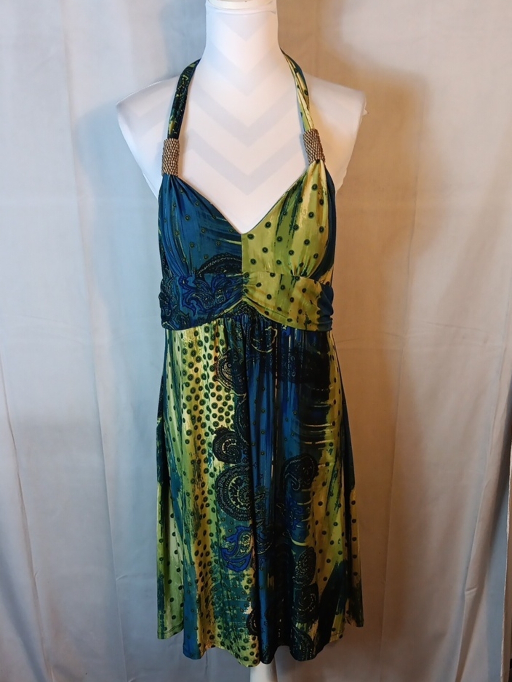 Cristinalove One-Shoulder Blue and Green Patterned Halter Dress